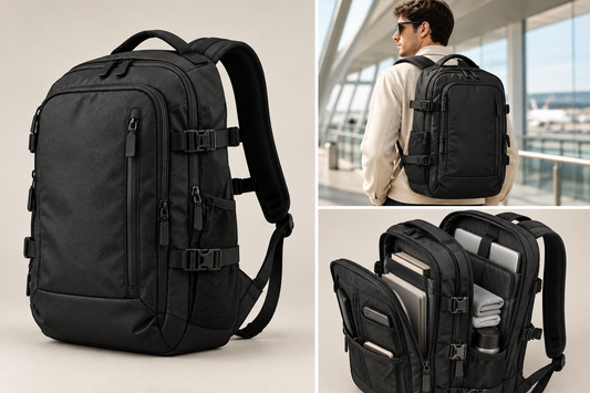 Zaino da viaggio nero impermeabile, vano laptop 16″