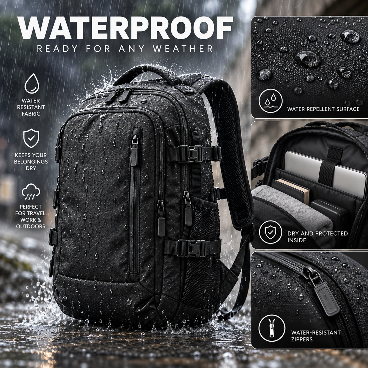 Zaino da viaggio nero impermeabile, vano laptop 16″