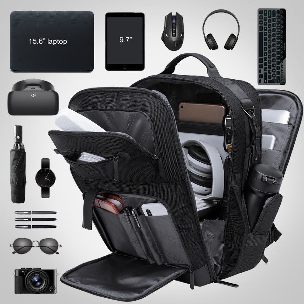 Zaino da viaggio nero impermeabile, vano laptop 16″