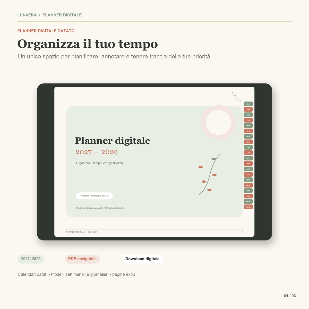 Planner Digitale 2027–2029 | Agenda PDF Interattiva con Calendari, Obiettivi e Budget