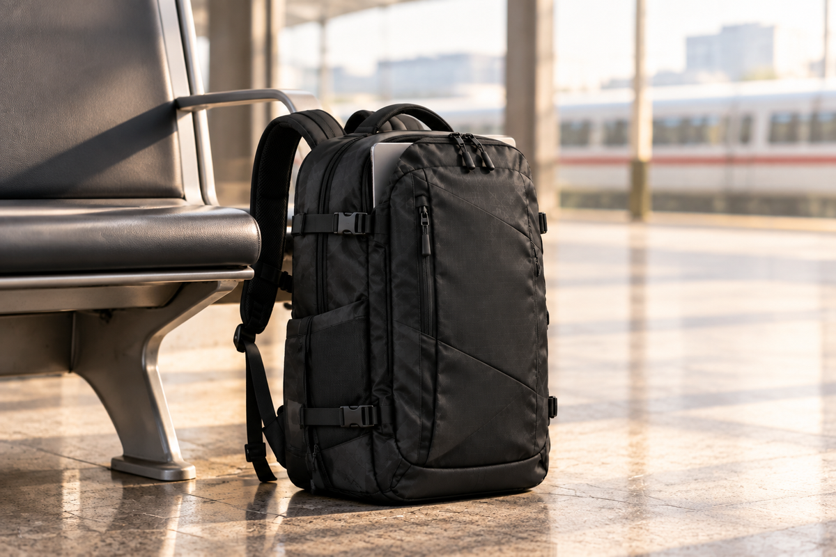 Zaino da viaggio nero con vano laptop in una stazione moderna